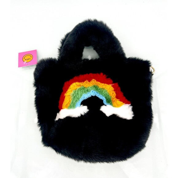 Women's Bag - Lala By Design Black and Rainbow Purse Bag Faux Fur and Leather - Picture 1 of 5